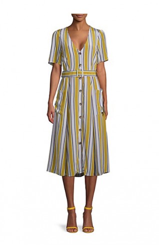 V領直條紋腰帶長洋裝